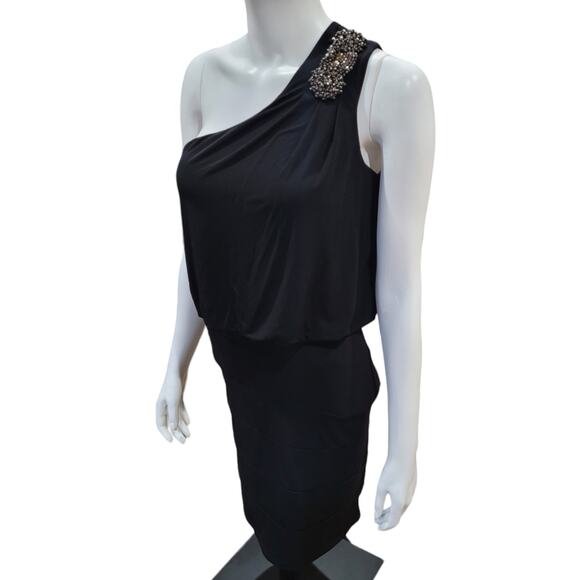 Jodi Kristopher Black Single Shoulder Rhinestone Dress Sz Small Draped Formal - Picture 1 of 10